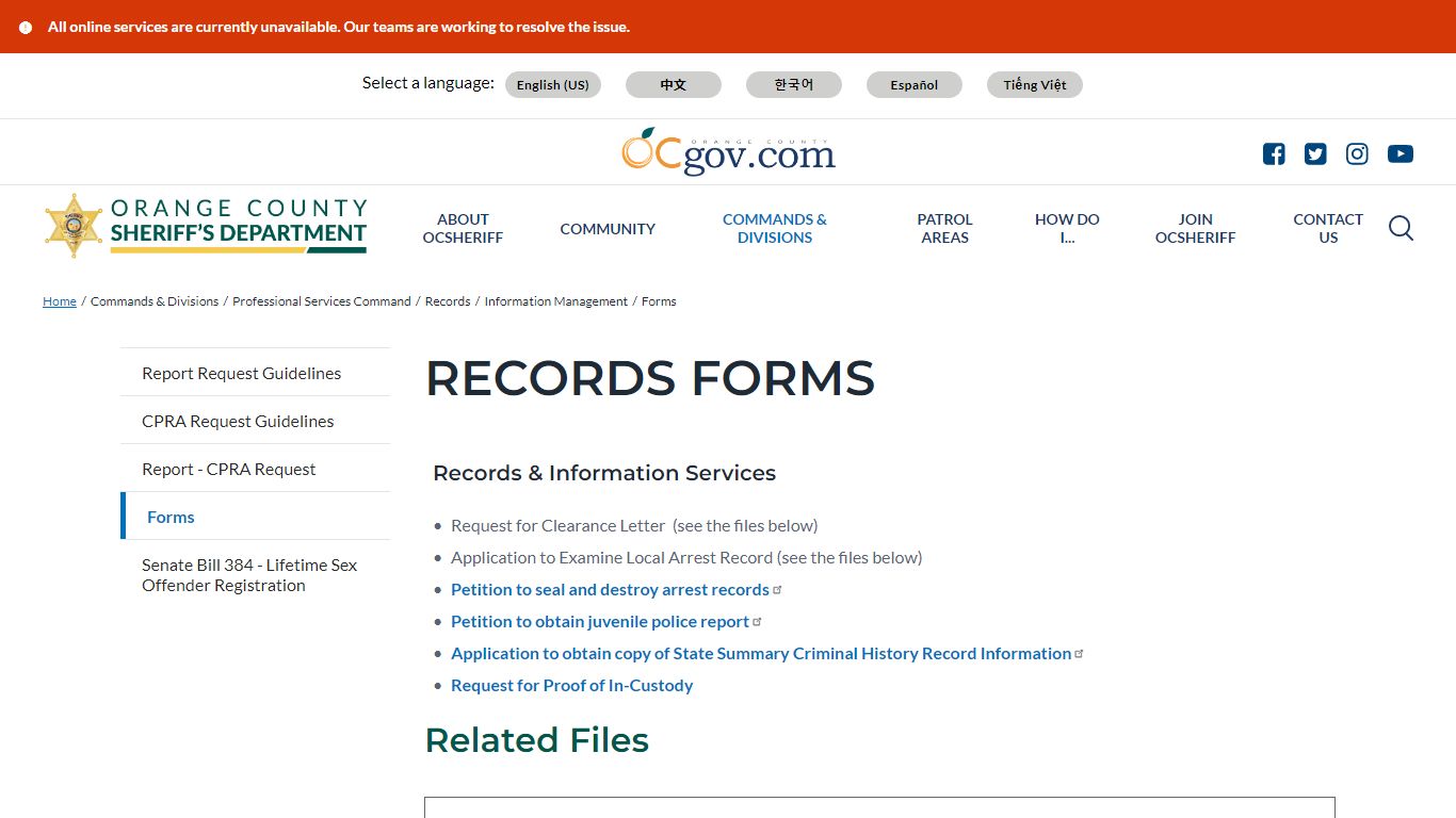 Records Forms | Orange County California - Sheriff's Department